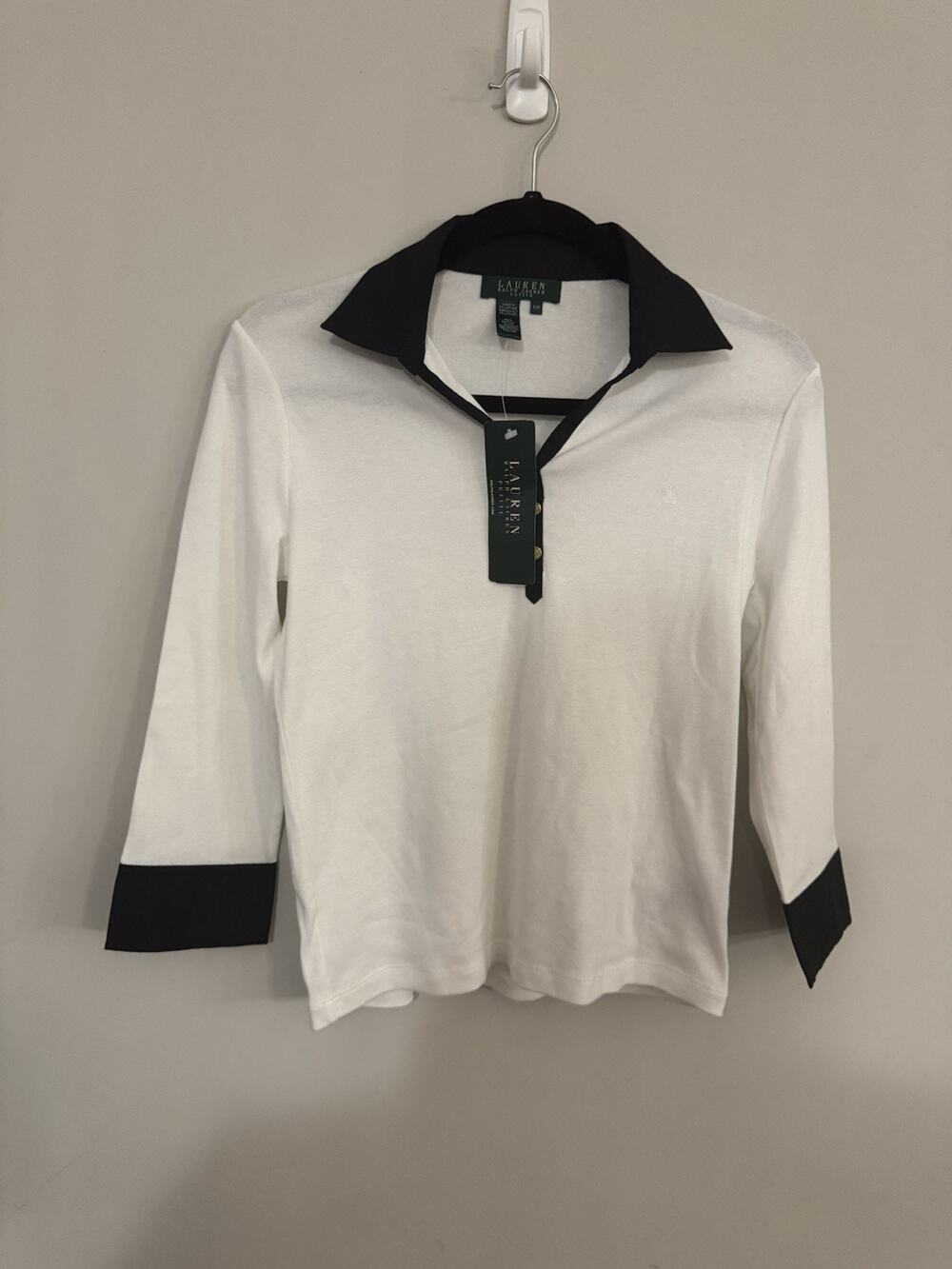NWT Lauren Ralph Lauren Petite White Black Trim Polo Top 3/4 Sleeve P/P
